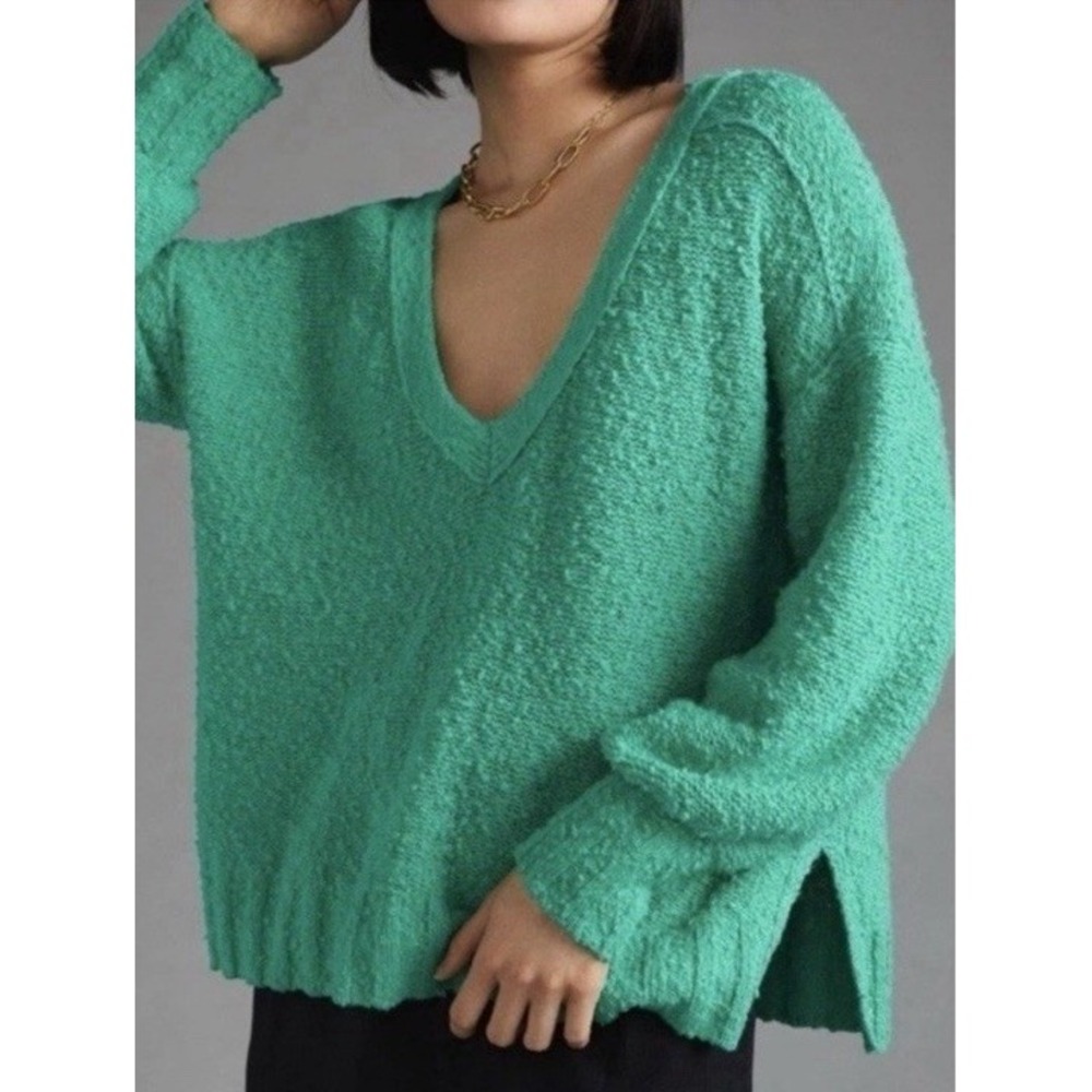 PILCRO Kelly Green Boxy V Neck Nubby Sweater L Spring Preppy Anthropologie
